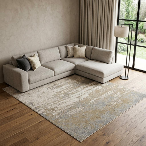 10' X 13' Ivory Gold And Gray Abstract Stain Resistant Area Rug