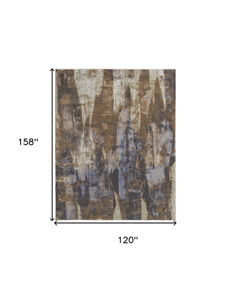 10' X 13' Brown Blue And Ivory Abstract Distressed Area Rug