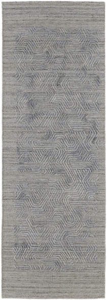 8' Gray and Blue Abstract Hand Woven Runner Rug