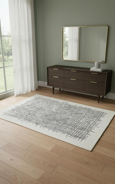 4' X 6' Ivory Gray And Black Wool Plaid Tufted Handmade Stain Resistant Area Rug