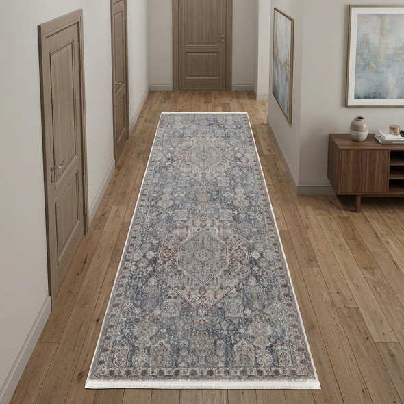 10' Blue and Ivory Floral Power Loom Runner Rug With Fringe