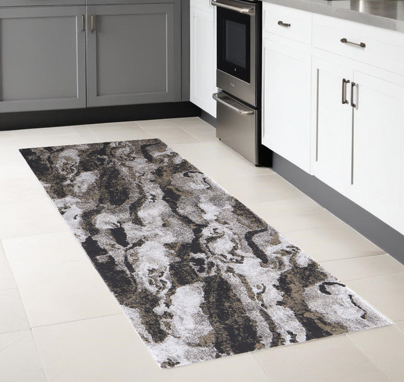 8' Brown And Ivory Abstract Runner Rug