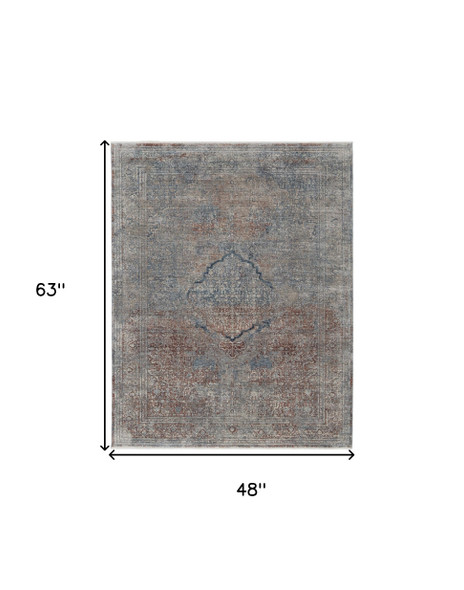 4' X 6' Blue Red And Gray Floral Area Rug