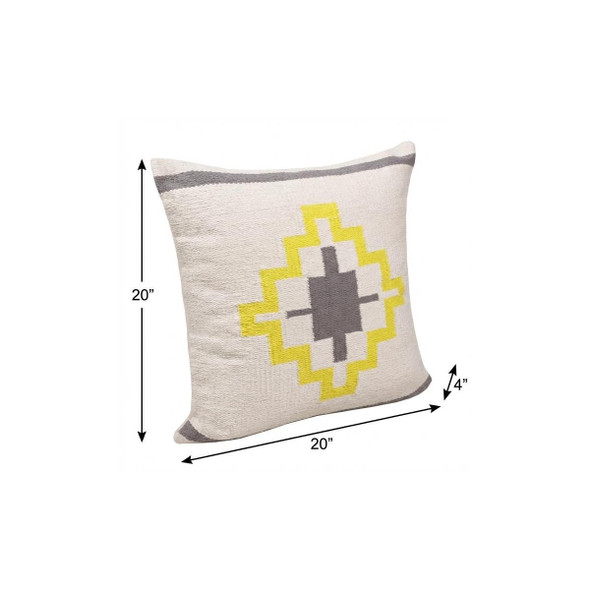 20" X 20" Gray White And Yellow 100% Cotton Geometric Zippered Pillow