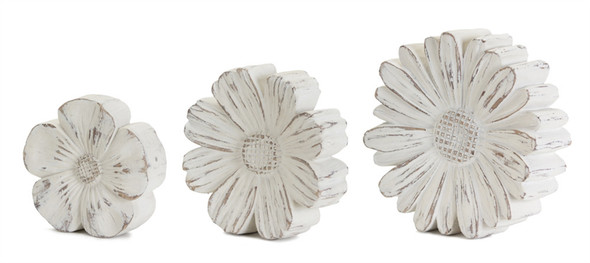 Set of Three Distressed White Carved Flowers Tabletop Sculpture