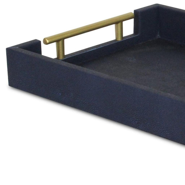16" Navy Blue Wood Faux Shagreen Serving Tray With Handles