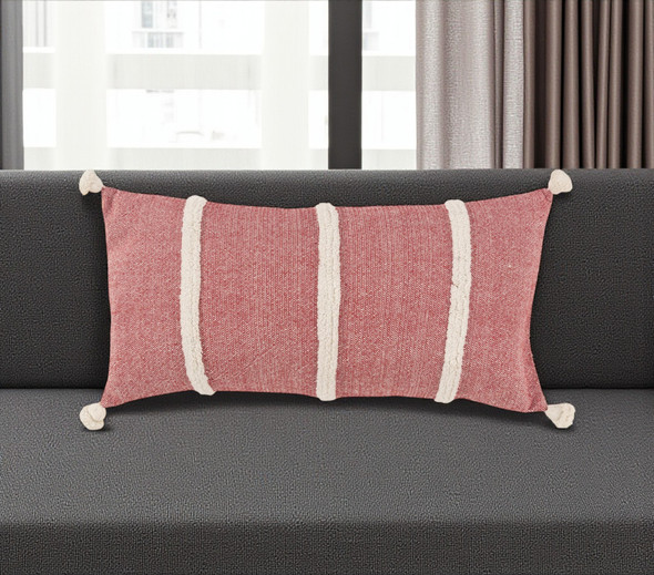 14" X 26" Red And White Lumbar Weave Cotton Throw Pillow with Tassels