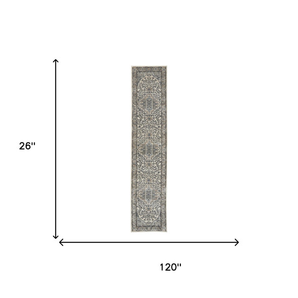 10' Gray and Ivory Medallion Power Loom Runner Rug