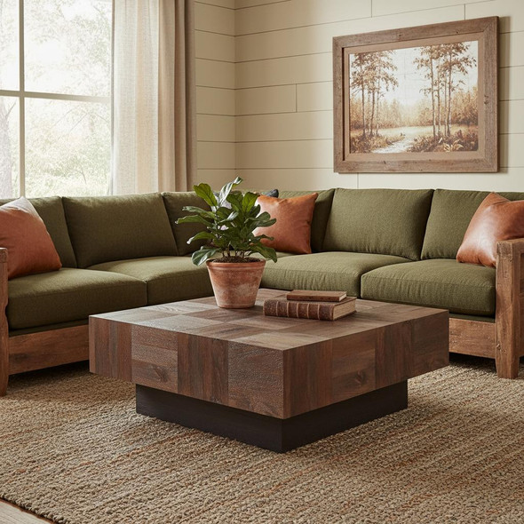40" Dark Brown and Black Solid Wood Square Block Coffee Table