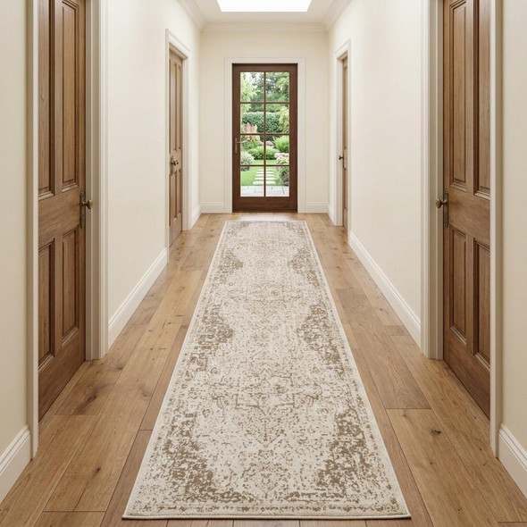 10' Cream And Brown Medallion Runner Rug