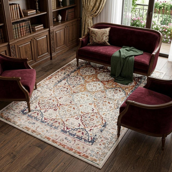 8' X 10' Beige Rust and Navy Floral Medallion Power Loom Area Rug