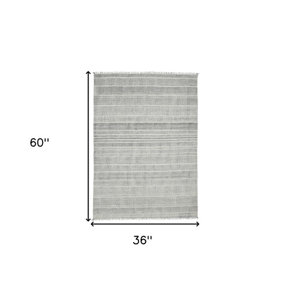 3' X 5' Ivory Black And Gray Geometric Flatweave Handmade Distressed Area Rug With Fringe