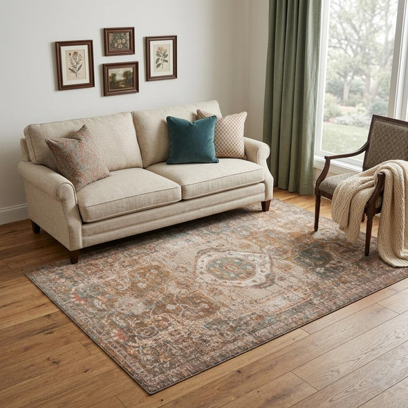 6' X 8' Beige Gray and Taupe Medallion Power Loom Area Rug