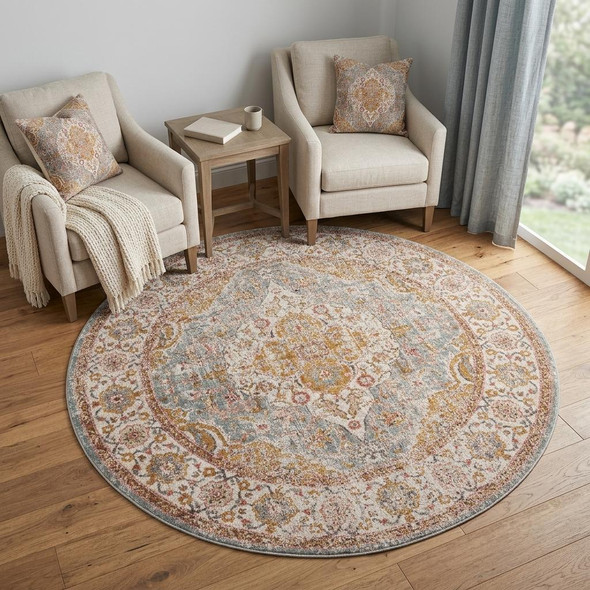 6' Orange Light Blue And Beige Oriental Distressed Round Rug