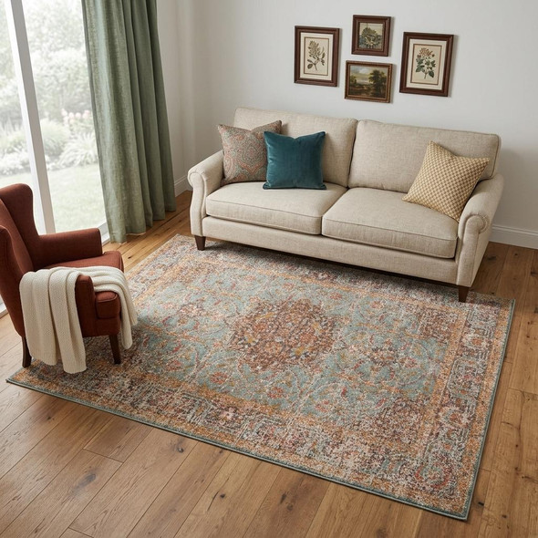 6' X 8' Teal Red And Orange Medallion Area Rug
