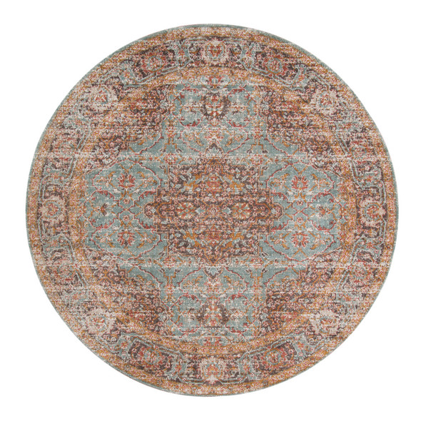 6' Teal Red And Orange Medallion Round Rug