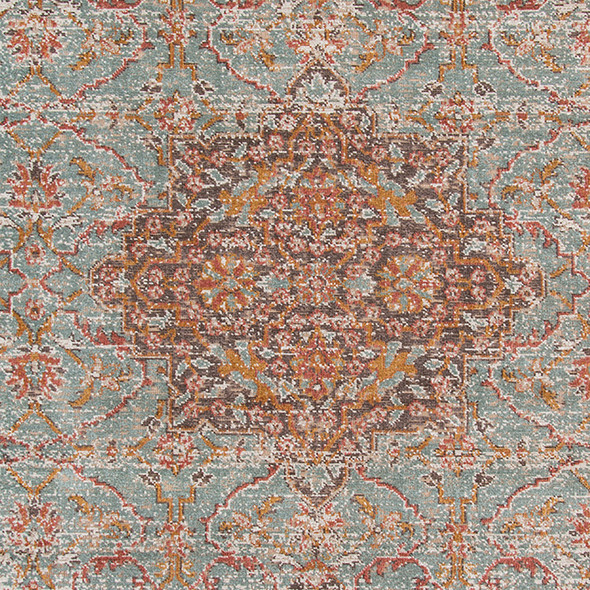 7' X 9' Teal Red And Orange Medallion Area Rug