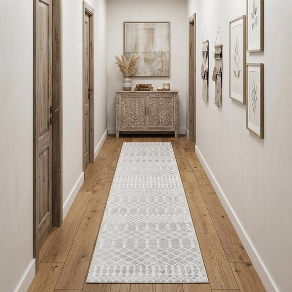 12' Gray And Ivory Moroccan Washable Runner Rug