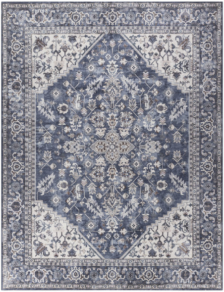 9' X 12' Blue and Ivory Floral Power Loom Distressed Washable Area Rug