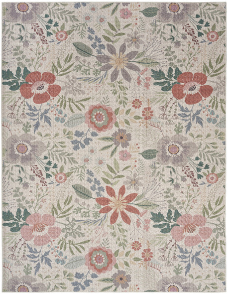 5' X 7' Ivory Green and Red Floral Power Loom Washable Non Skid Area Rug