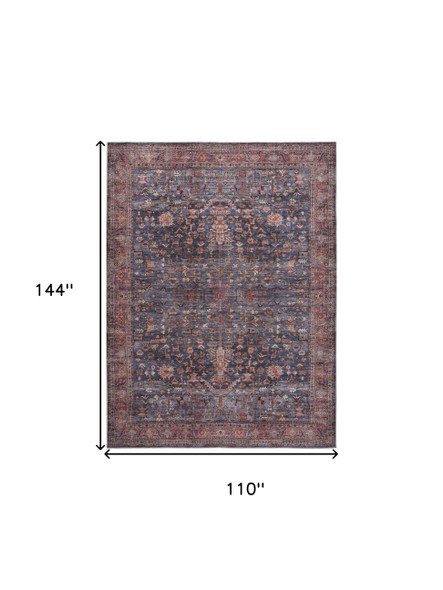 9' X 12' Blue and Red Oriental Power Loom Distressed Washable Non Skid Area Rug