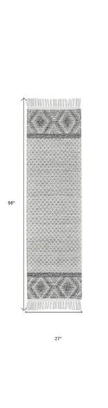 8' Gray and Ivory Geometric Hand Woven Runner Rug With Fringe
