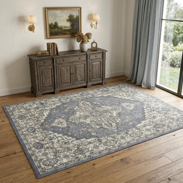 4' X 6' Blue And Ivory Medallion Distressed Area Rug