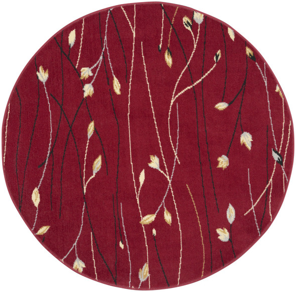 5' Red Black and Ivory Round Floral Vines Power Loom Area Rug