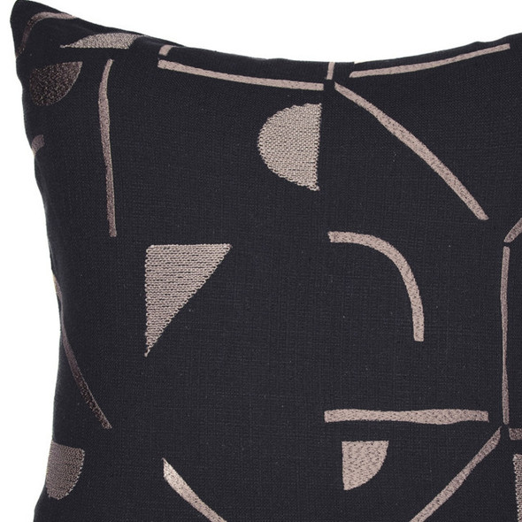 20" Beige and Black Geometric Cotton Blend Throw Pillow With Embroidery