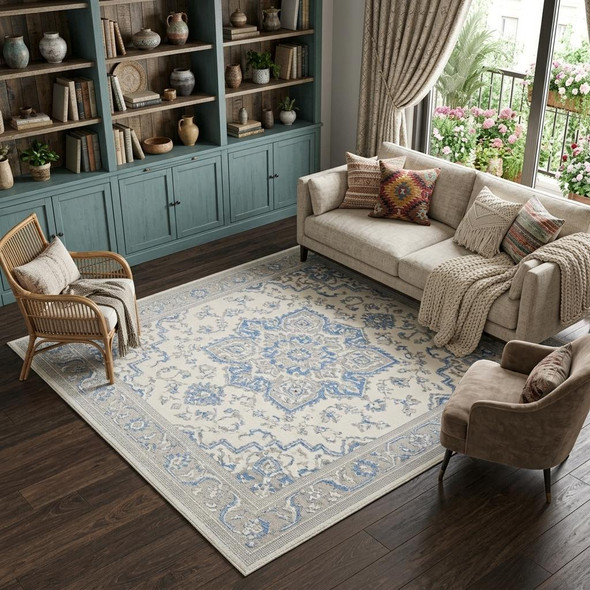 9' X 12' Ivory Blue and Gray Floral Non Skid Area Rug