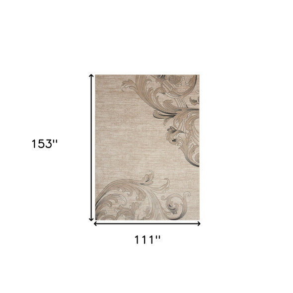 9' X 13' Tan Black and Ivory Damask Non Skid Area Rug