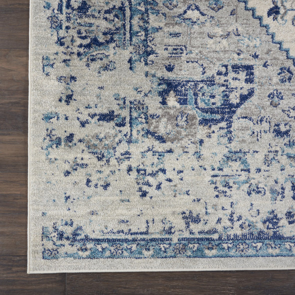 2' X 4' Ivory And Light Blue Floral Medallion Distressed Area Rug