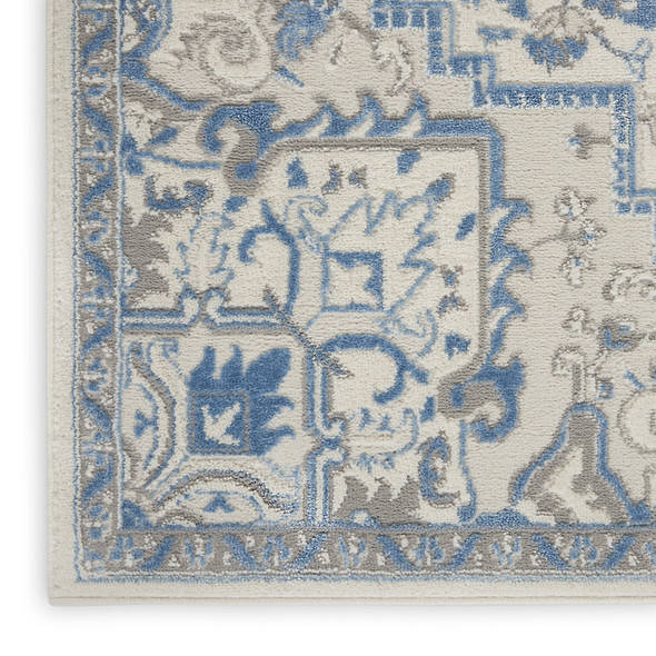 8' Ivory Blue and Gray Floral Non Skid Runner Rug
