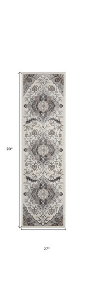 8' Ivory Black and Gray Floral Medallion Non Skid Runner Rug