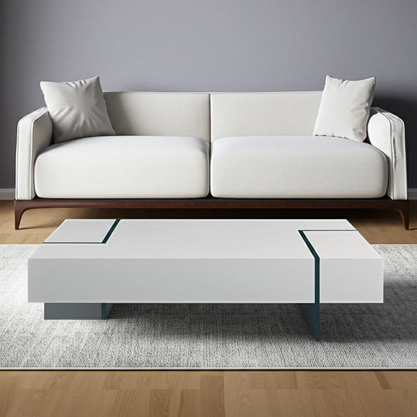 53" White And Clear Wood And Glass Sled Coffee Table