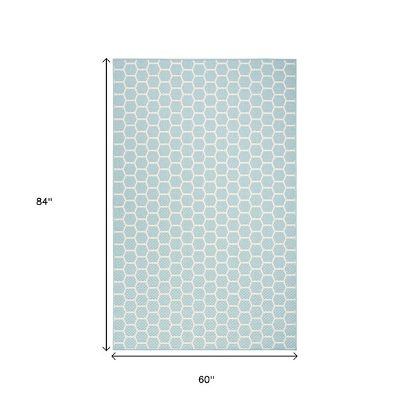 6' X 9' Aqua And Ivory Geometric Indoor Outdoor Area Rug