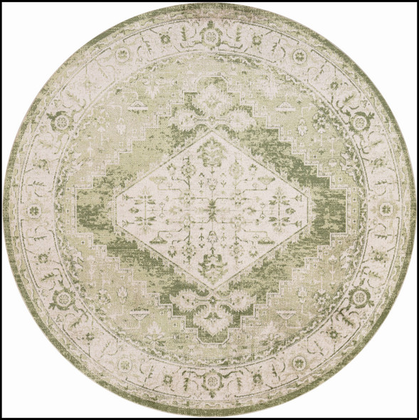 8' Beige And Green Floral Medallion Distressed Round Rug