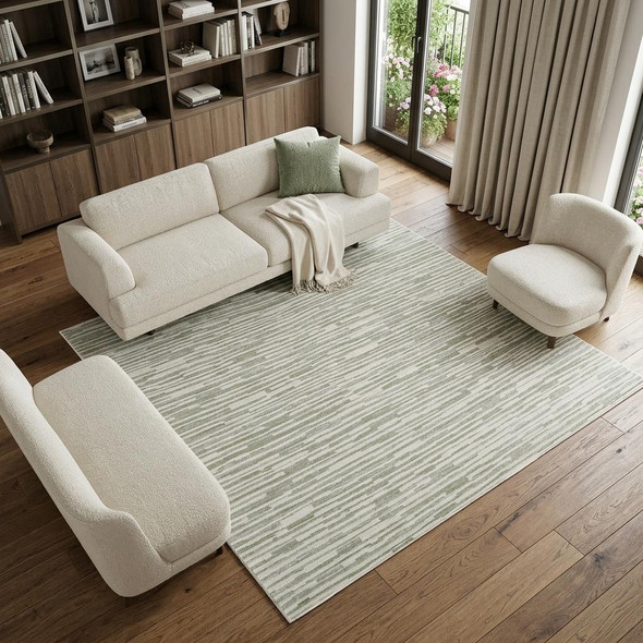 8' X 11' Beige and Green Abstract Distressed Area Rug