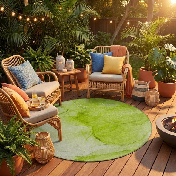 8' Round Green Round Abstract Washable Non Skid Indoor Outdoor Area Rug