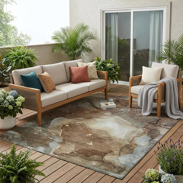 5' X 8' Brown Abstract Washable Non Skid Indoor Outdoor Area Rug
