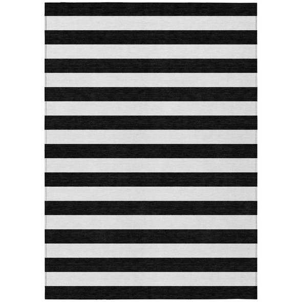 10' X 14' Black and White Striped Washable Non Skid Indoor Outdoor Area Rug