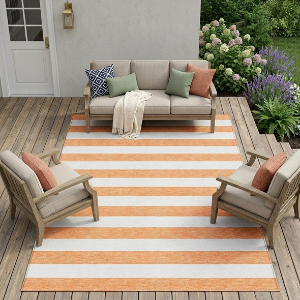 9' X 12' Salmon Striped Washable Non Skid Indoor Outdoor Area Rug