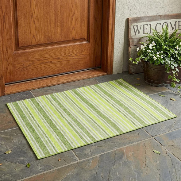 3' X 5' Green and Yellow Striped Washable Non Skid Indoor Outdoor Area Rug