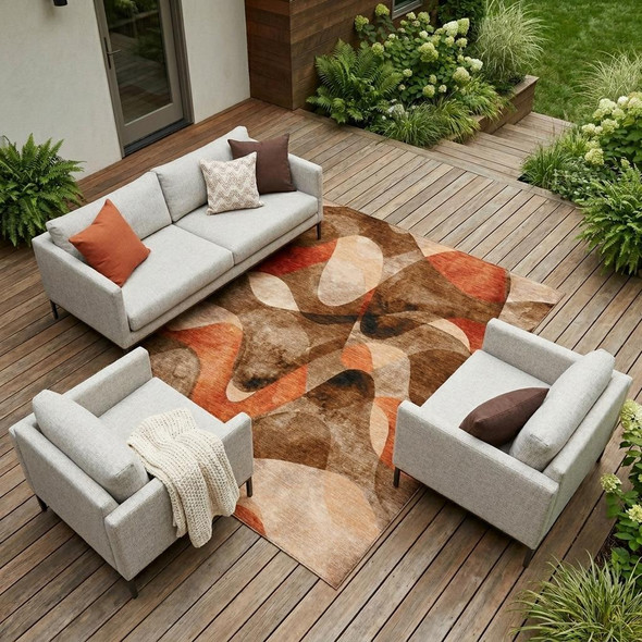 9' X 12' Chocolate Abstract Washable Non Skid Indoor Outdoor Area Rug