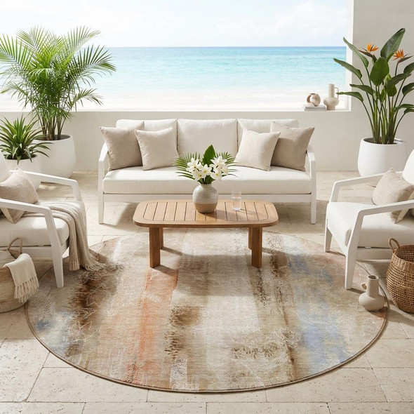 8' Round Beige and Brown Round Washable Non Skid Indoor Outdoor Area Rug