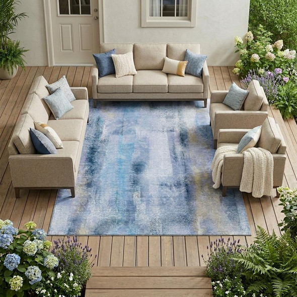 8' X 10' Blue Washable Non Skid Indoor Outdoor Area Rug