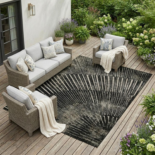8' X 10' Black and Ivory Abstract Washable Non Skid Indoor Outdoor Area Rug