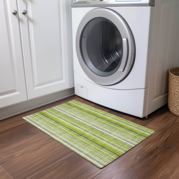 2' X 3' Green Striped Washable Non Skid Indoor Outdoor Area Rug