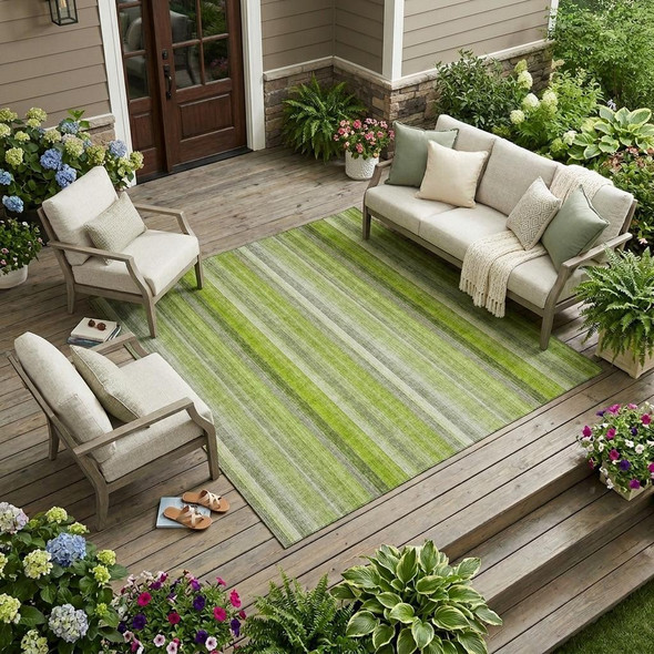 10' X 14' Green Striped Washable Non Skid Indoor Outdoor Area Rug