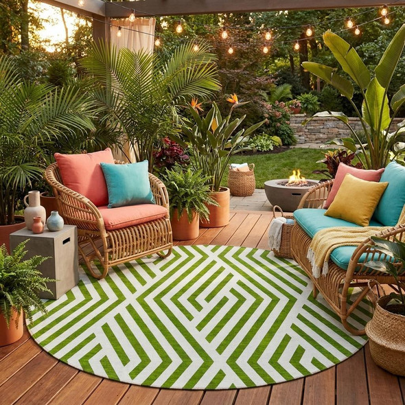 8' Round Lime Green and White Round Geometric Washable Non Skid Indoor Outdoor Area Rug